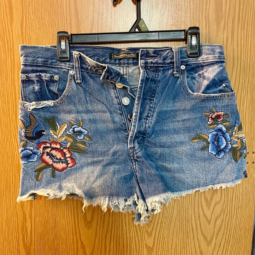 Abercrombie & Fitch Blue Jean Shorts with Floral Embroidery